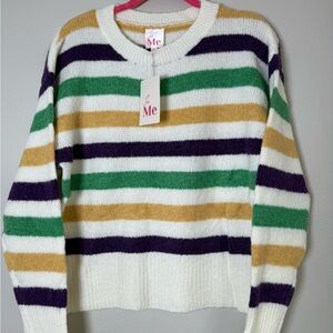 So Me Women's Mari Gras  Striped Sweater - Green, Gold, Purple, and White